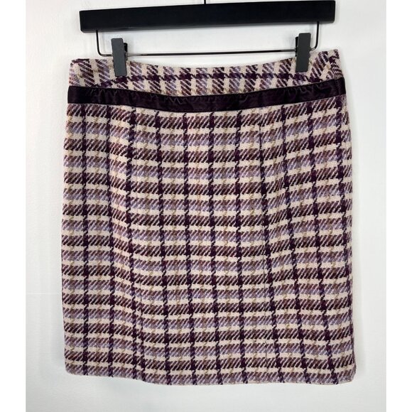 Loft Tweed Pleated Skirt Wool Blend Size 6 Purple Cream Plaid Mini - Picture 7 of 14